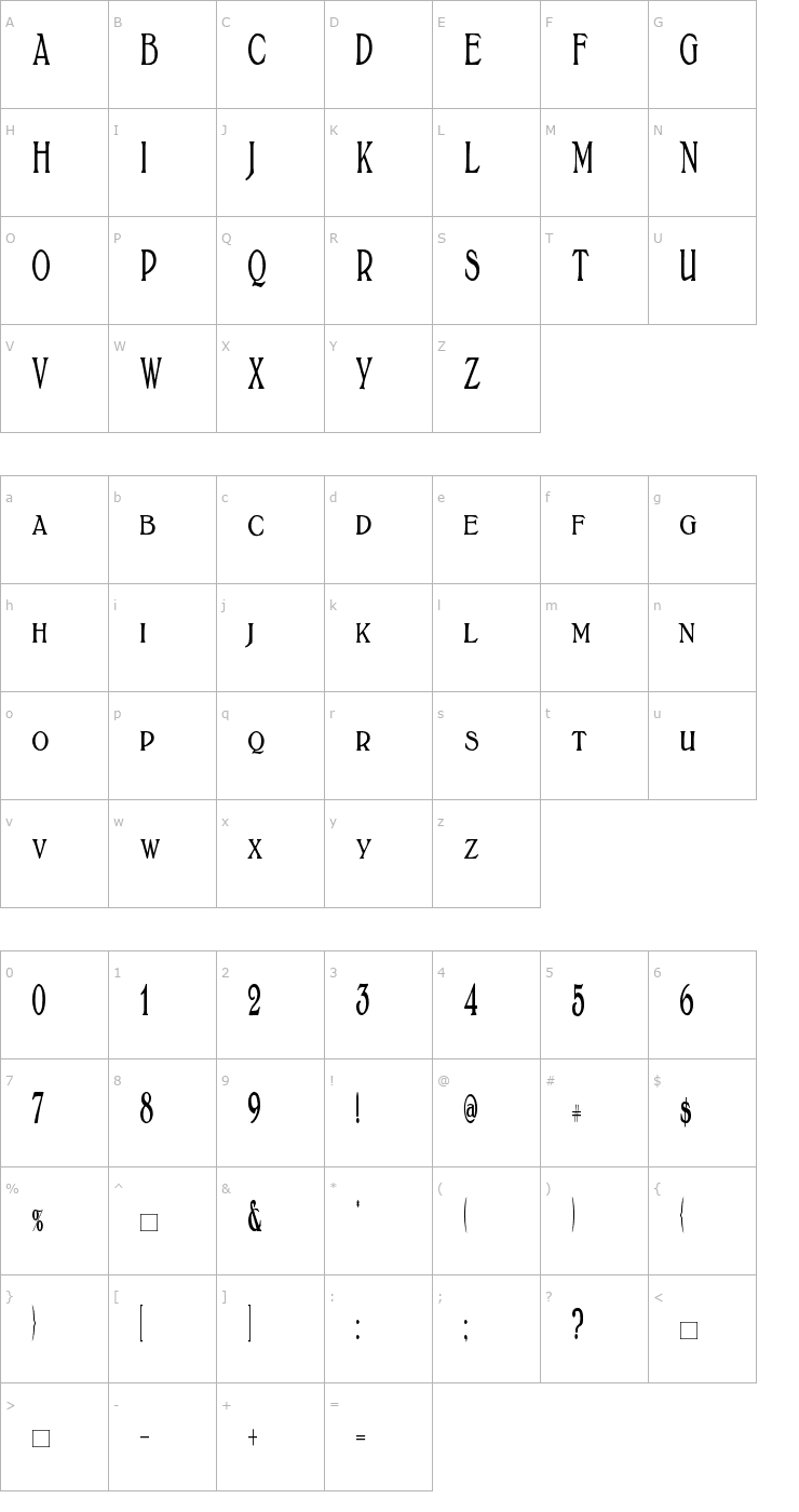 Character Map BoltonTitlingElongated Font