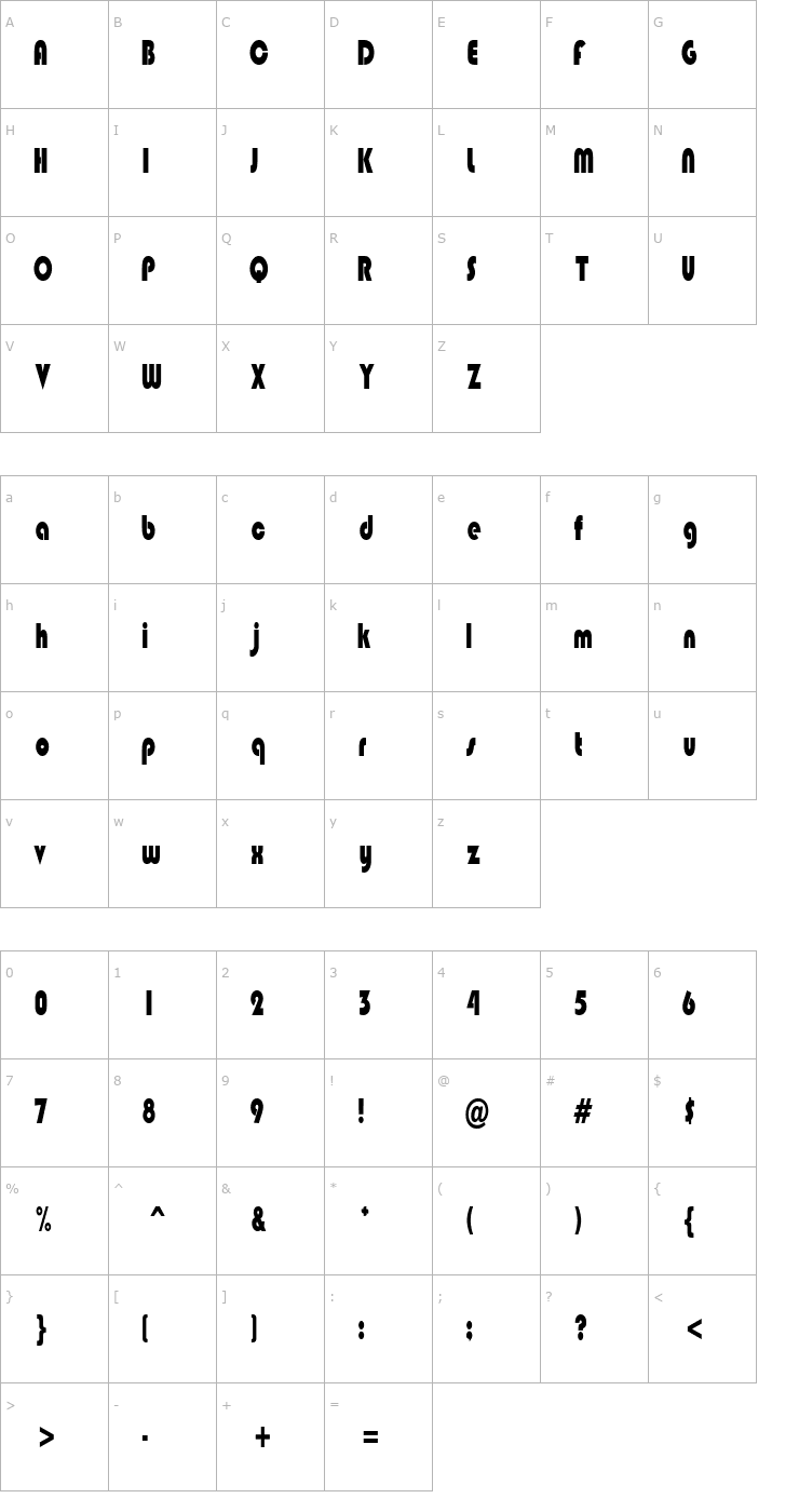 Character Map BongoBlackCondensed Font