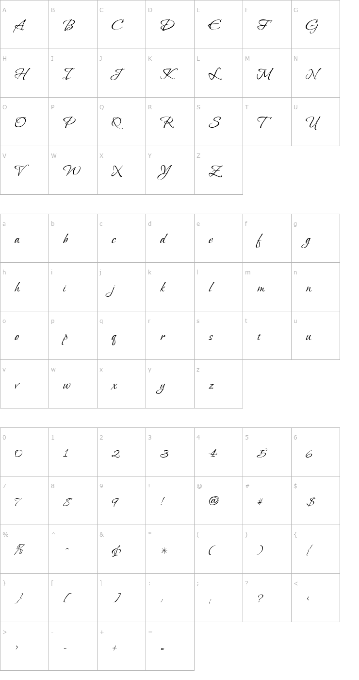 Character Map Bonheur Royale Font