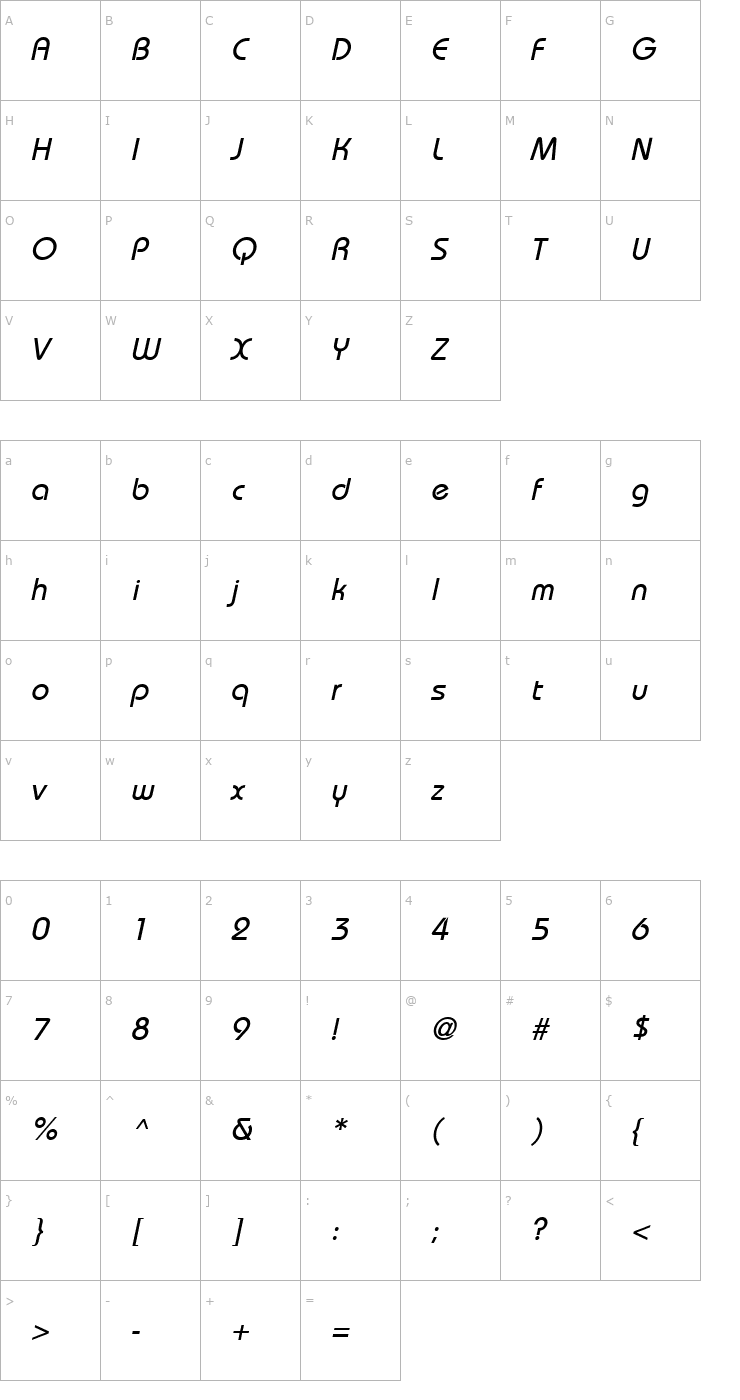 Character Map Bordeaux Italic Font