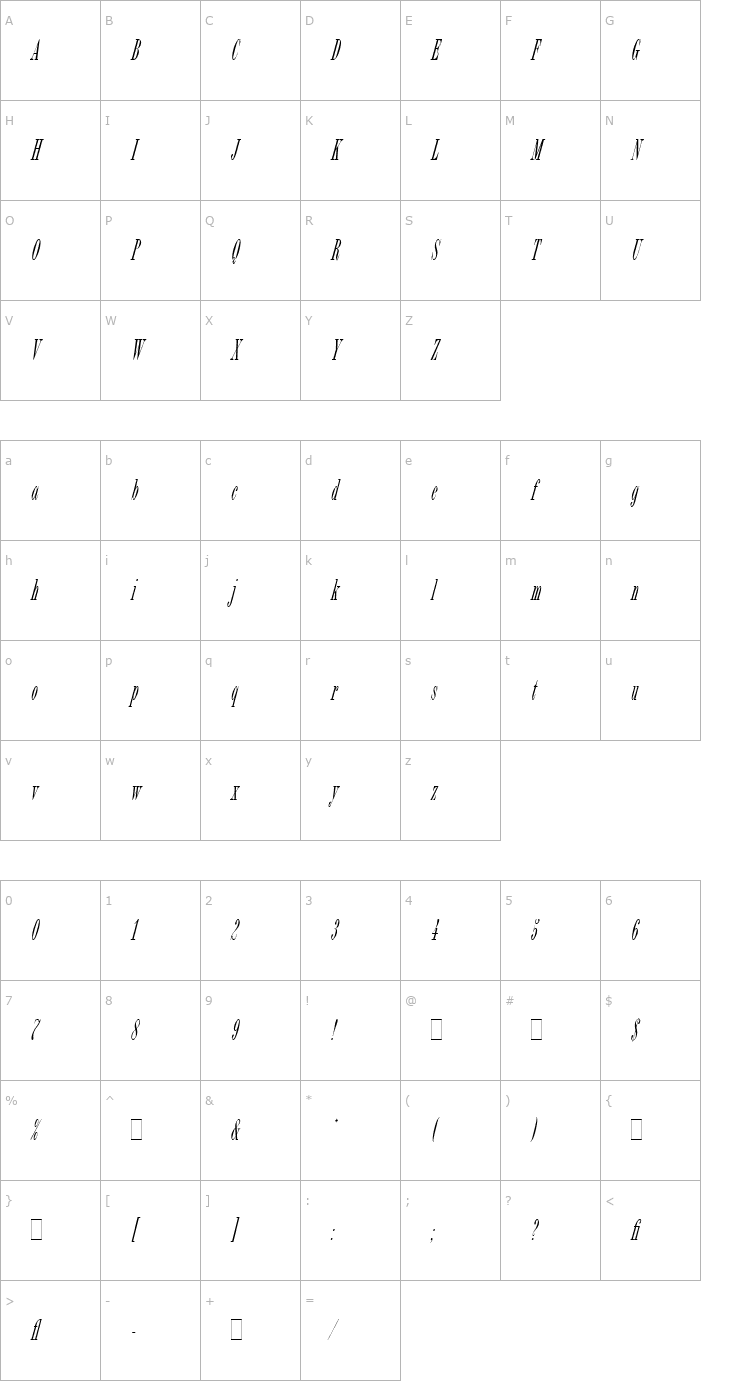 Character Map Bordeaux Italic LET Plain1.0 Font