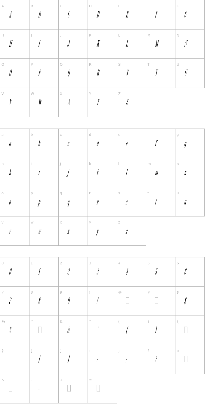 Character Map BordeauxItalicPlain Font
