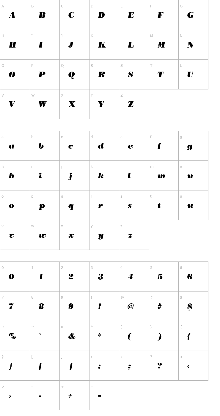 Character Map BostonBlack Italic Font