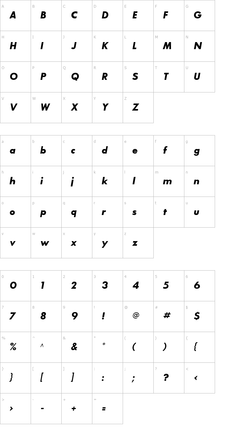 Character Map Bougan Black SSi Bold Italic Font