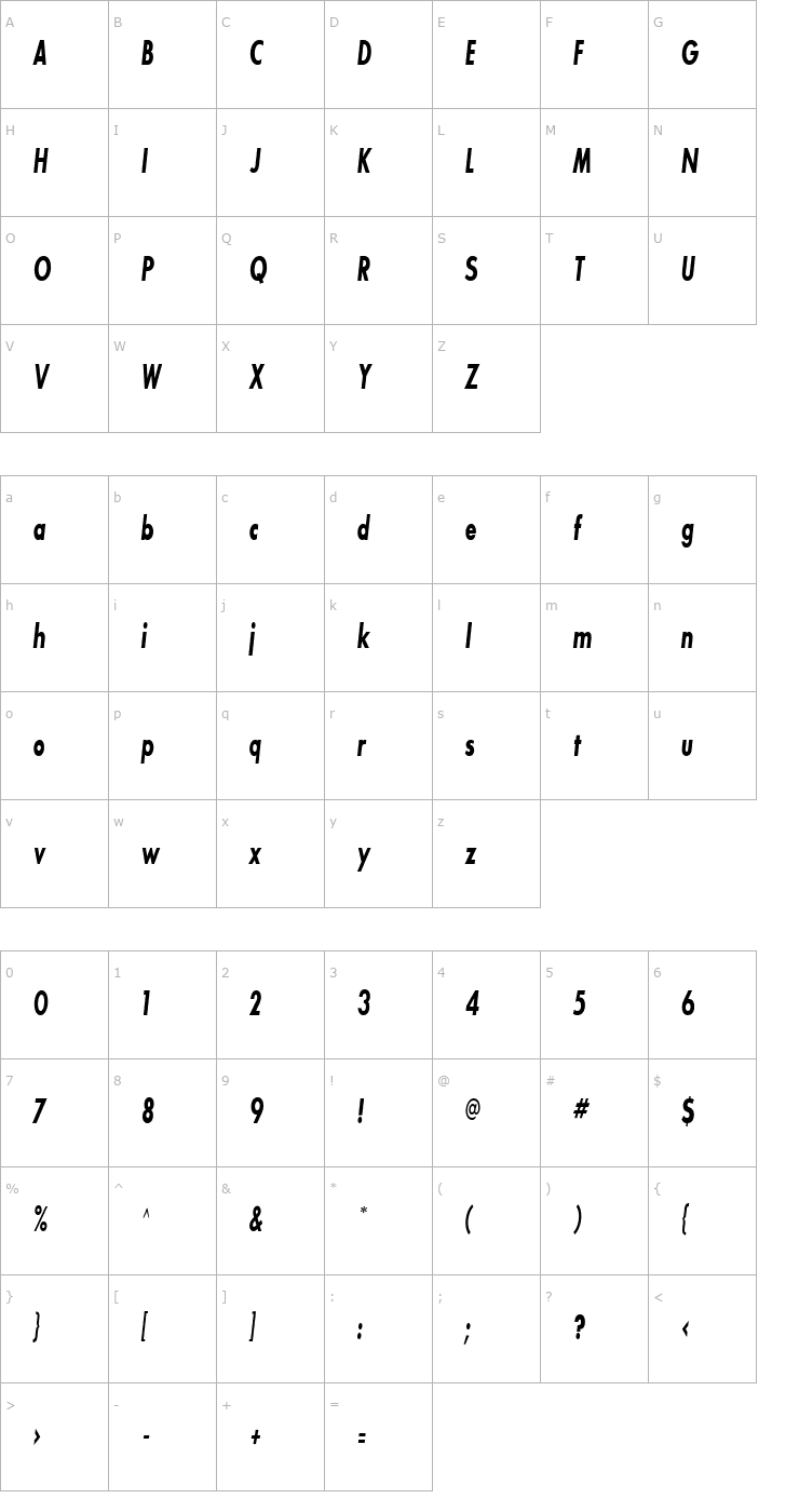 Character Map Bougan BlackCondensed SSi Bold Condensed Italic Font