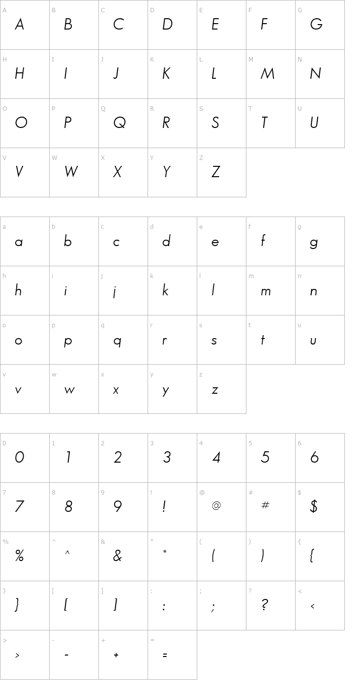 Character Map Bougan Book SSi Book Italic Font