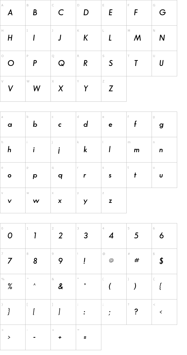 Character Map Bougan SSi Semi Bold Italic Font