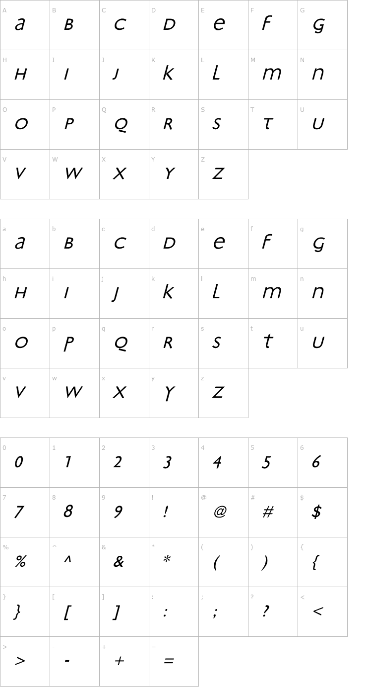 Character Map Bradbury Oblique Font