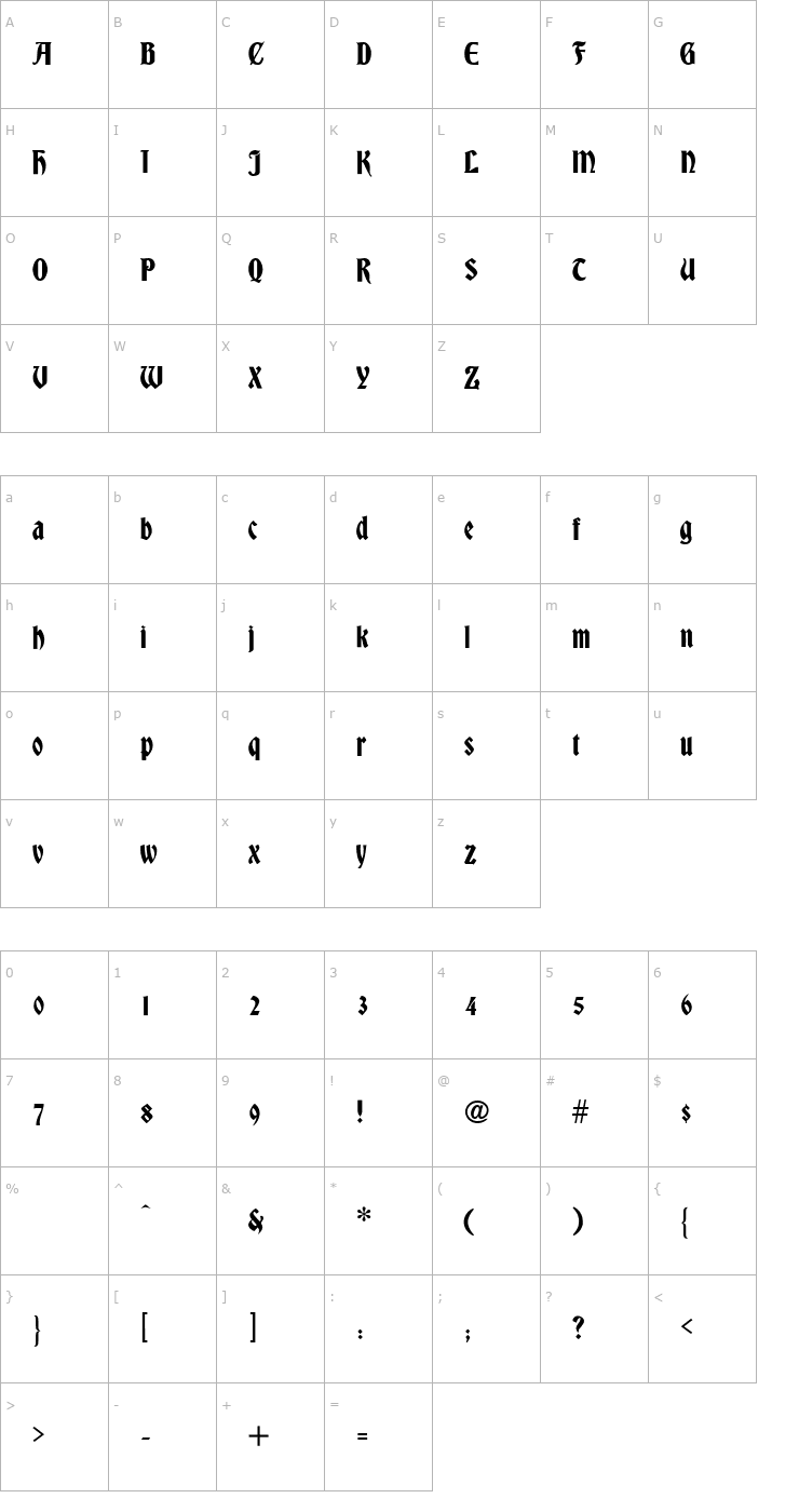 Character Map Bradley-Regular Font
