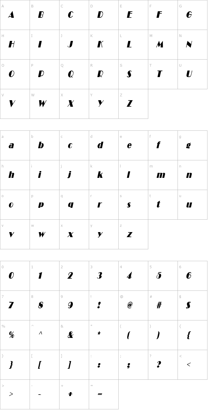 Character Map Brando Condensed BoldItalic Font