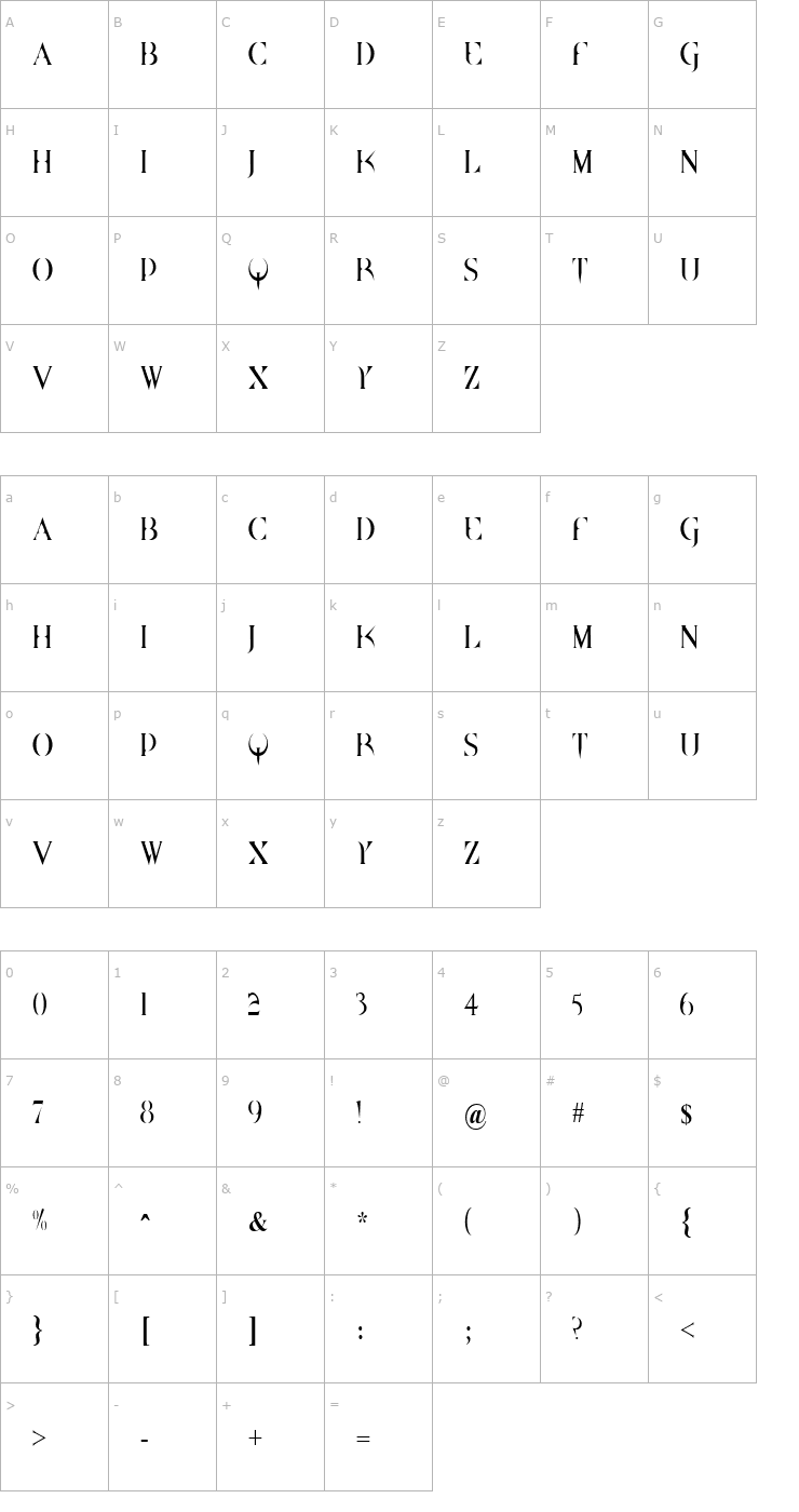 Character Map BrazeltonNarrow Font