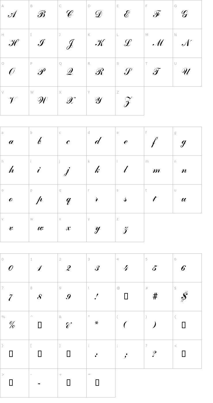 Character Map BrigadeScriptSSK Font