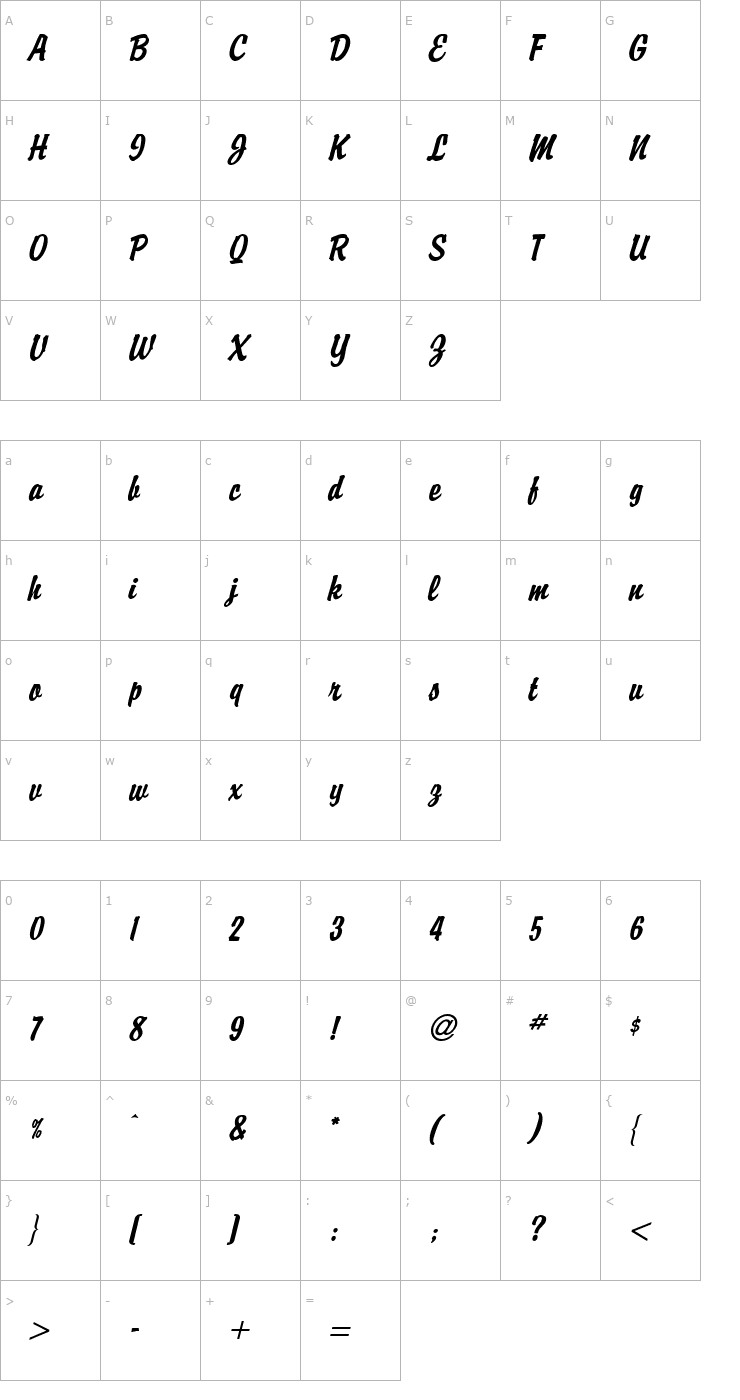 Character Map Brisk Extended Italic Font