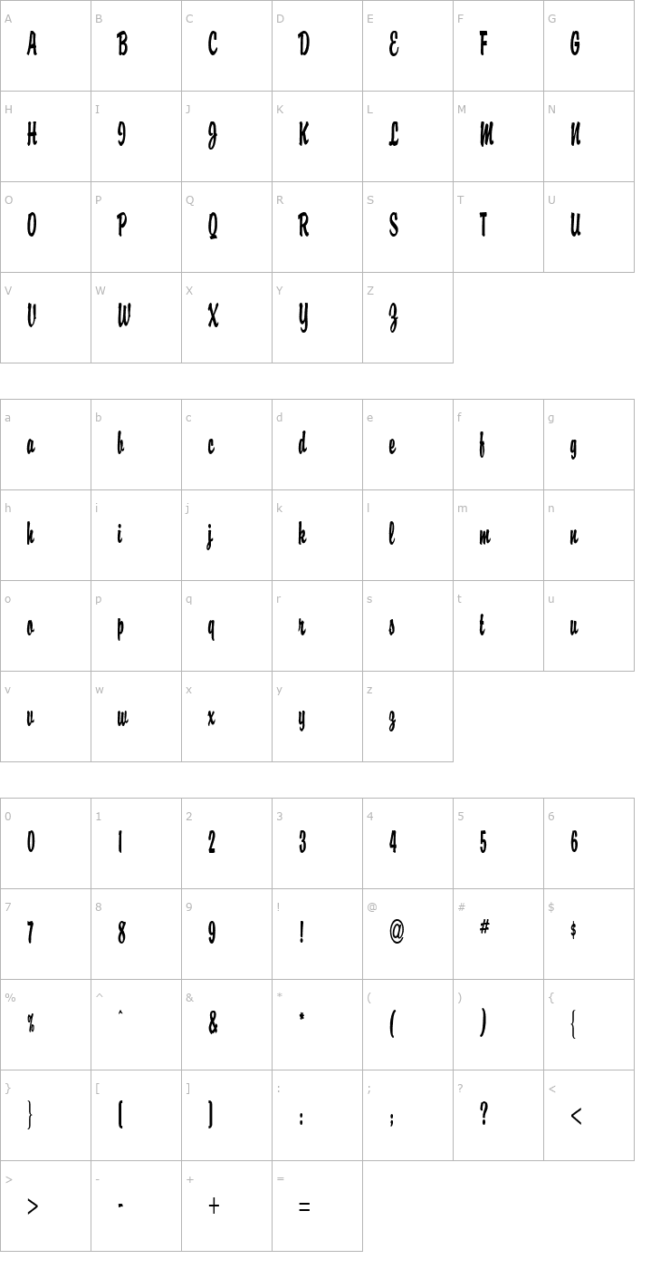 Character Map Brisk Thin Bold Font