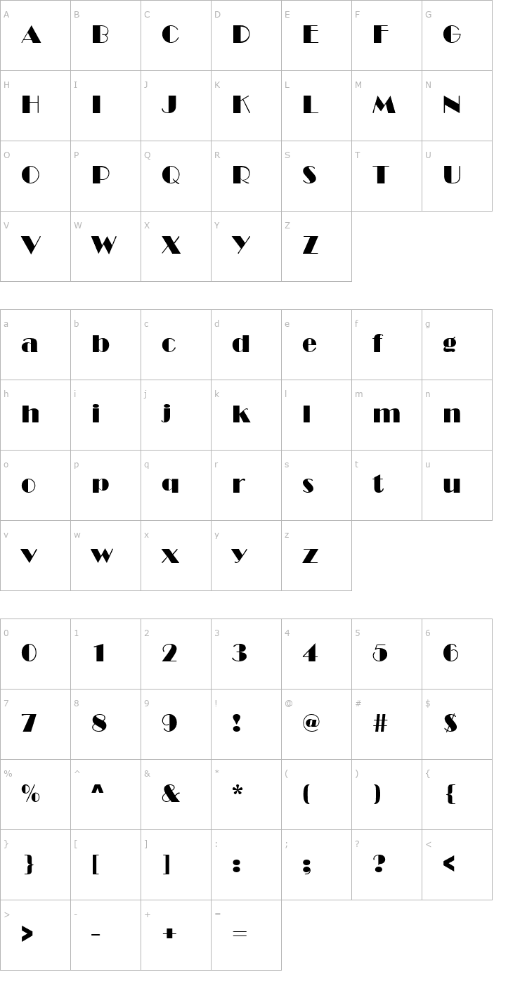 Character Map Broad Avenue Font
