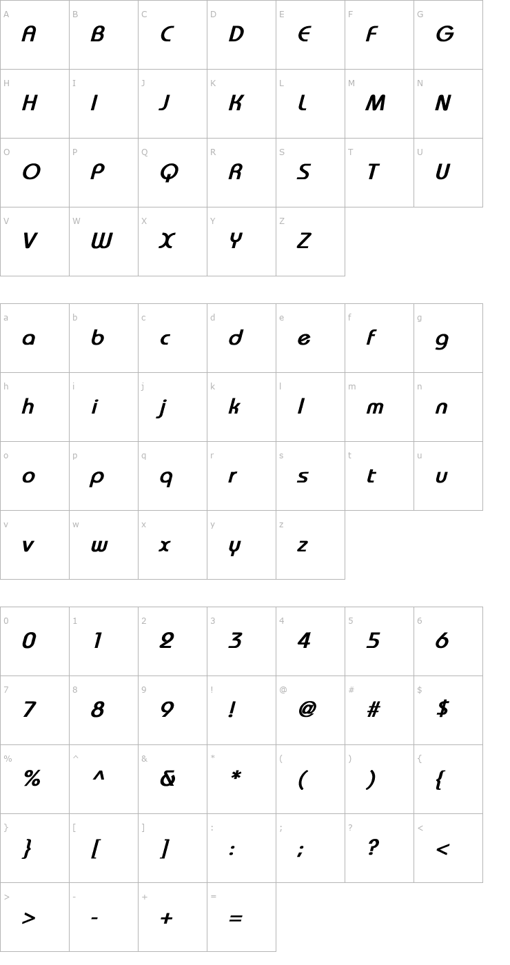 Character Map Brookhouse Bold Italic Font