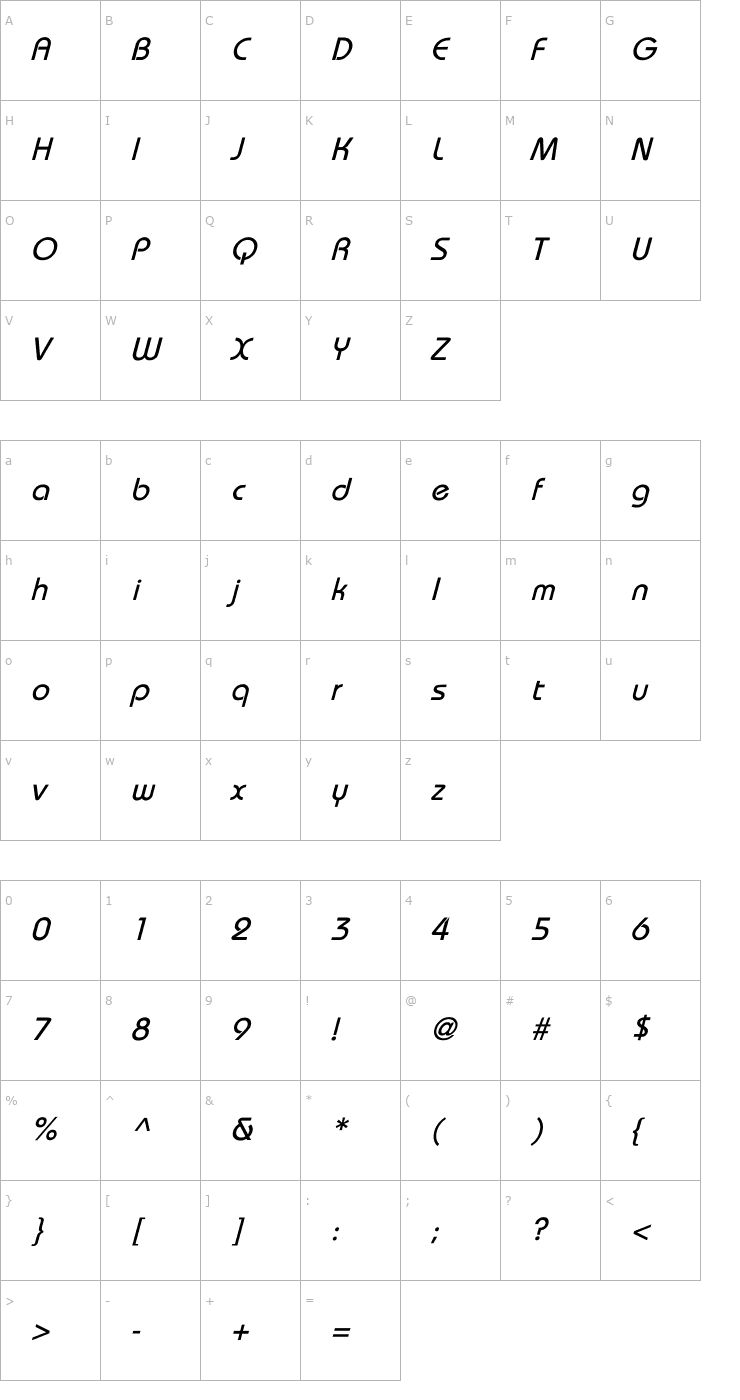 Character Map Brookhouse Italic Font