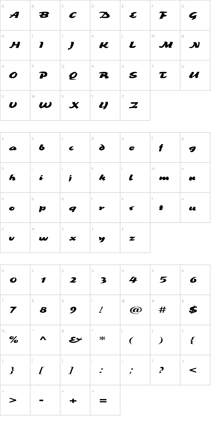 Character Map BrookscriptWide Regular Font