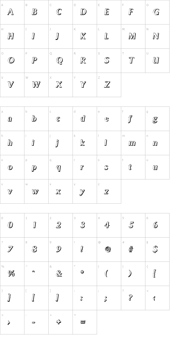 Character Map BruceBeckerShadow-BoldItalic Font