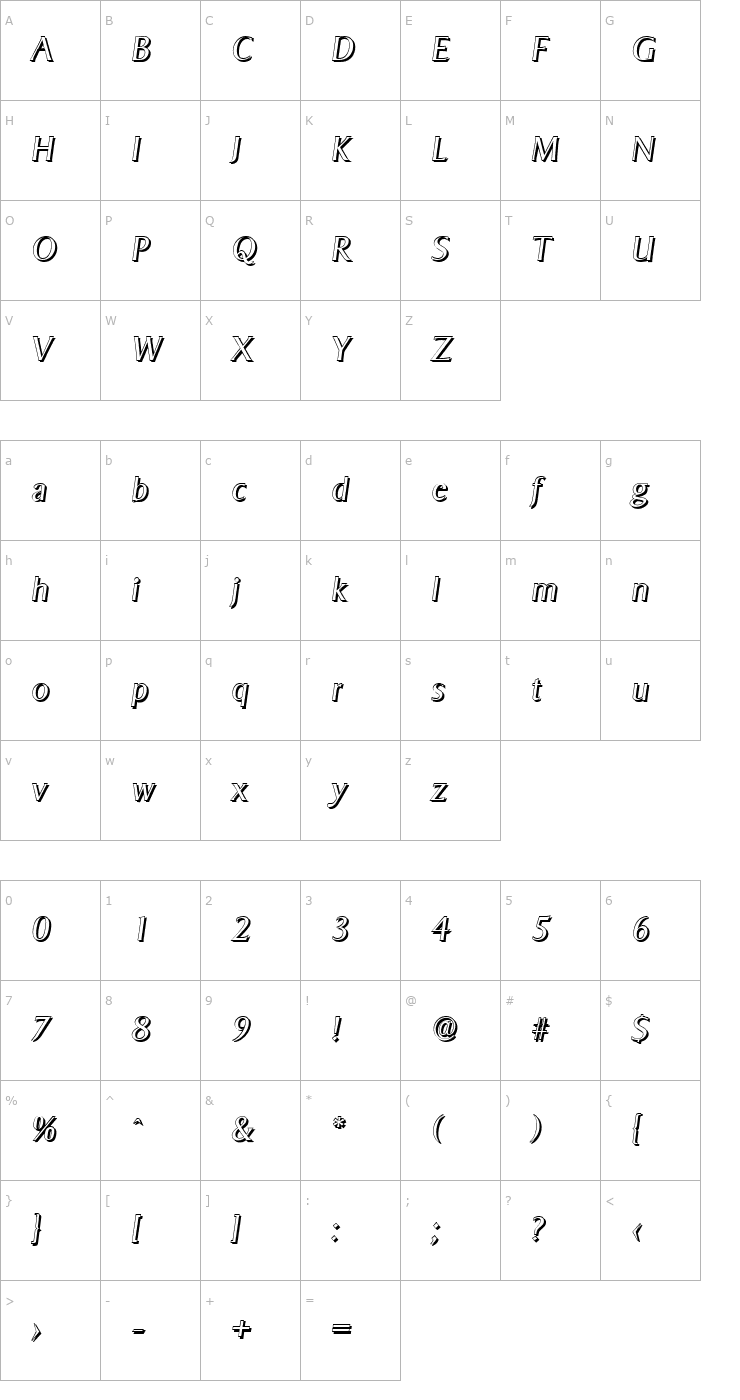 Character Map BruceBeckerShadow-Light-Italic Font