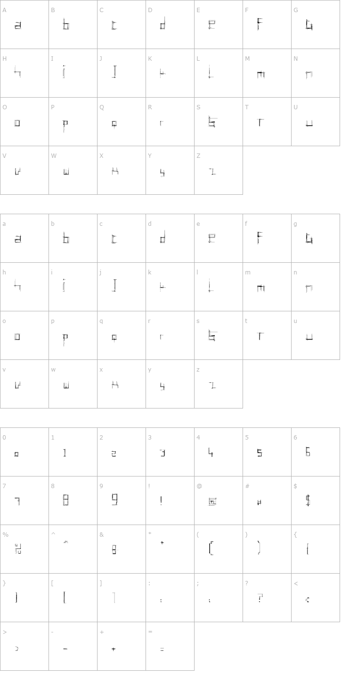 Character Map Bruised Zero Font
