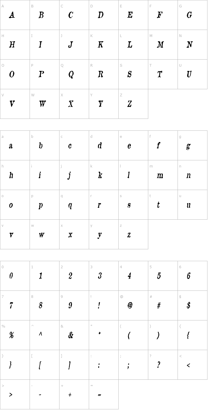 Character Map BrunineCnd BoldItalic Font