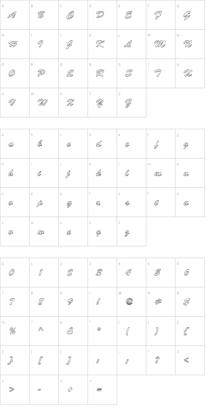 Character Map BrushedScript Hollow Font