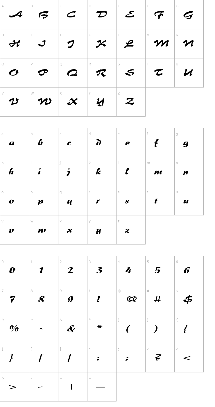 Character Map BrushFlairExpanded Regular Font
