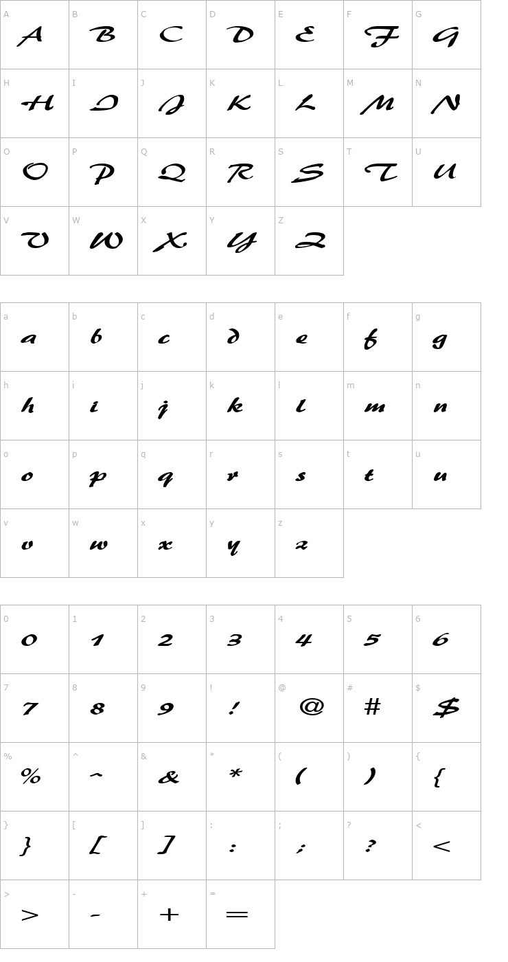Character Map BrushFlashExpanded Font