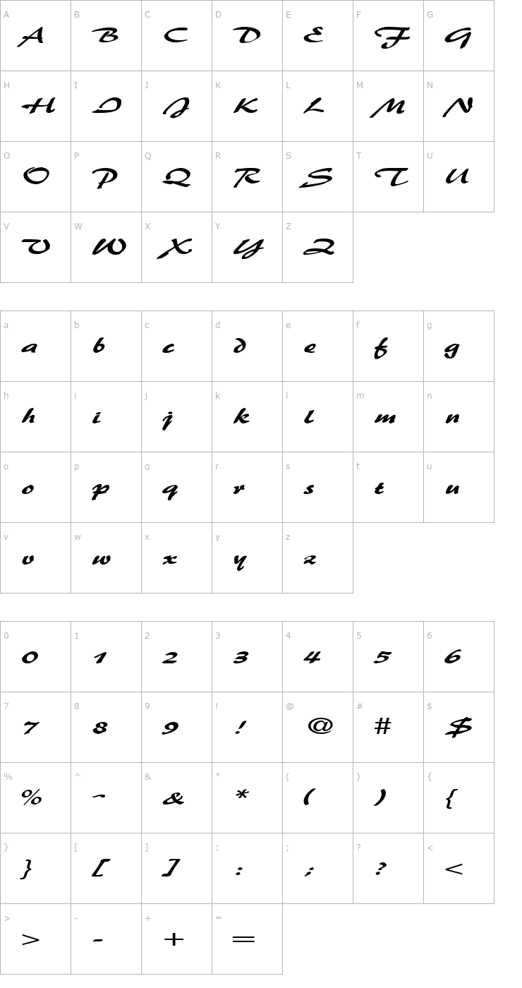 Character Map BrushFlashExpanded Regular Font