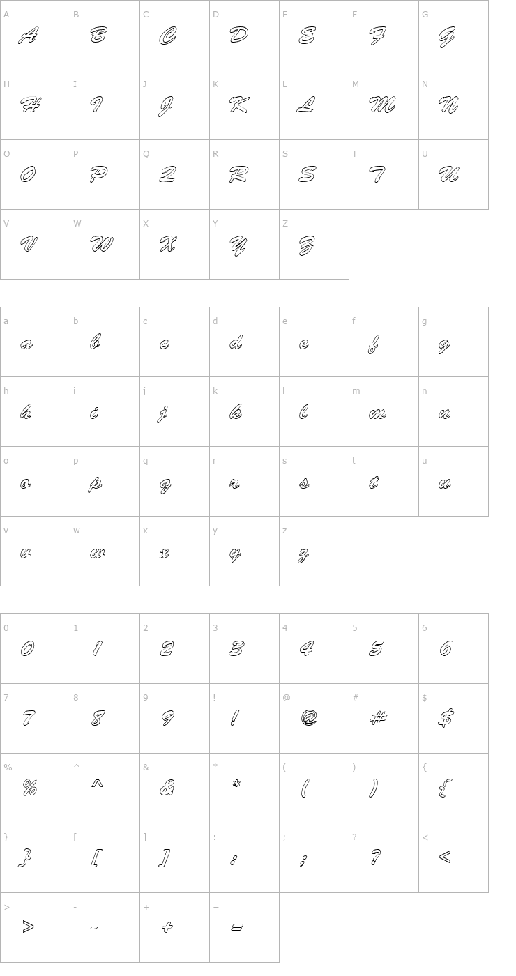 Character Map BrushStrokeHollow Regular Font