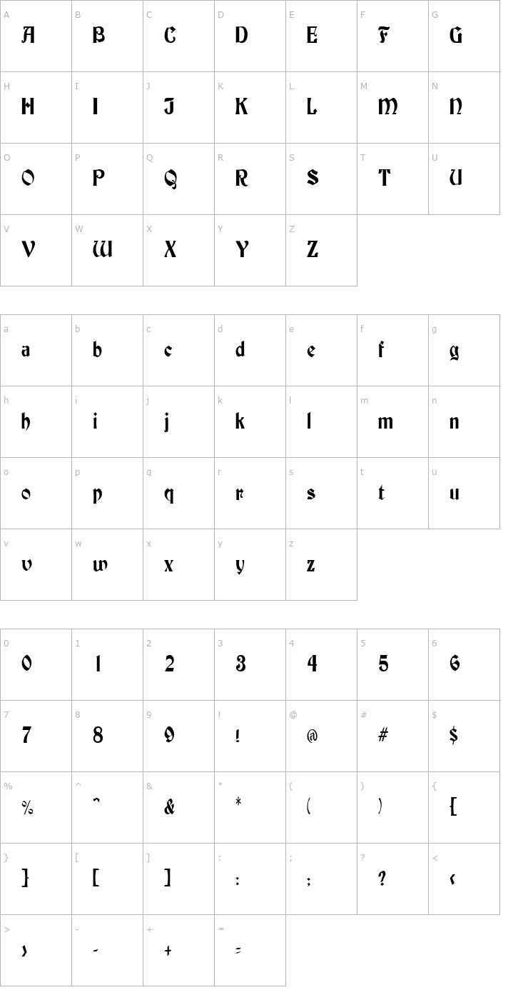 Character Map BuckinghamCondensed Regular Font
