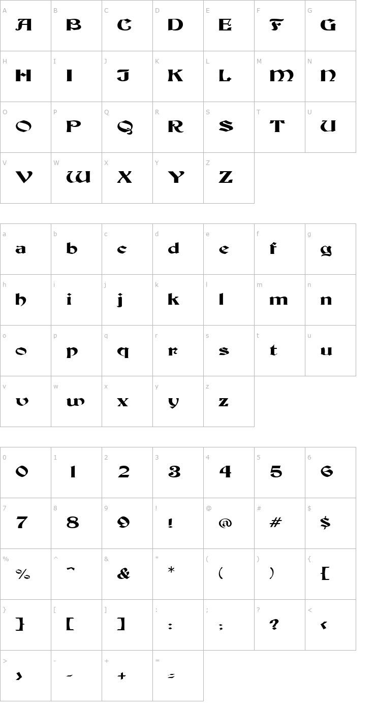 Character Map BuckinghamWide Regular Font