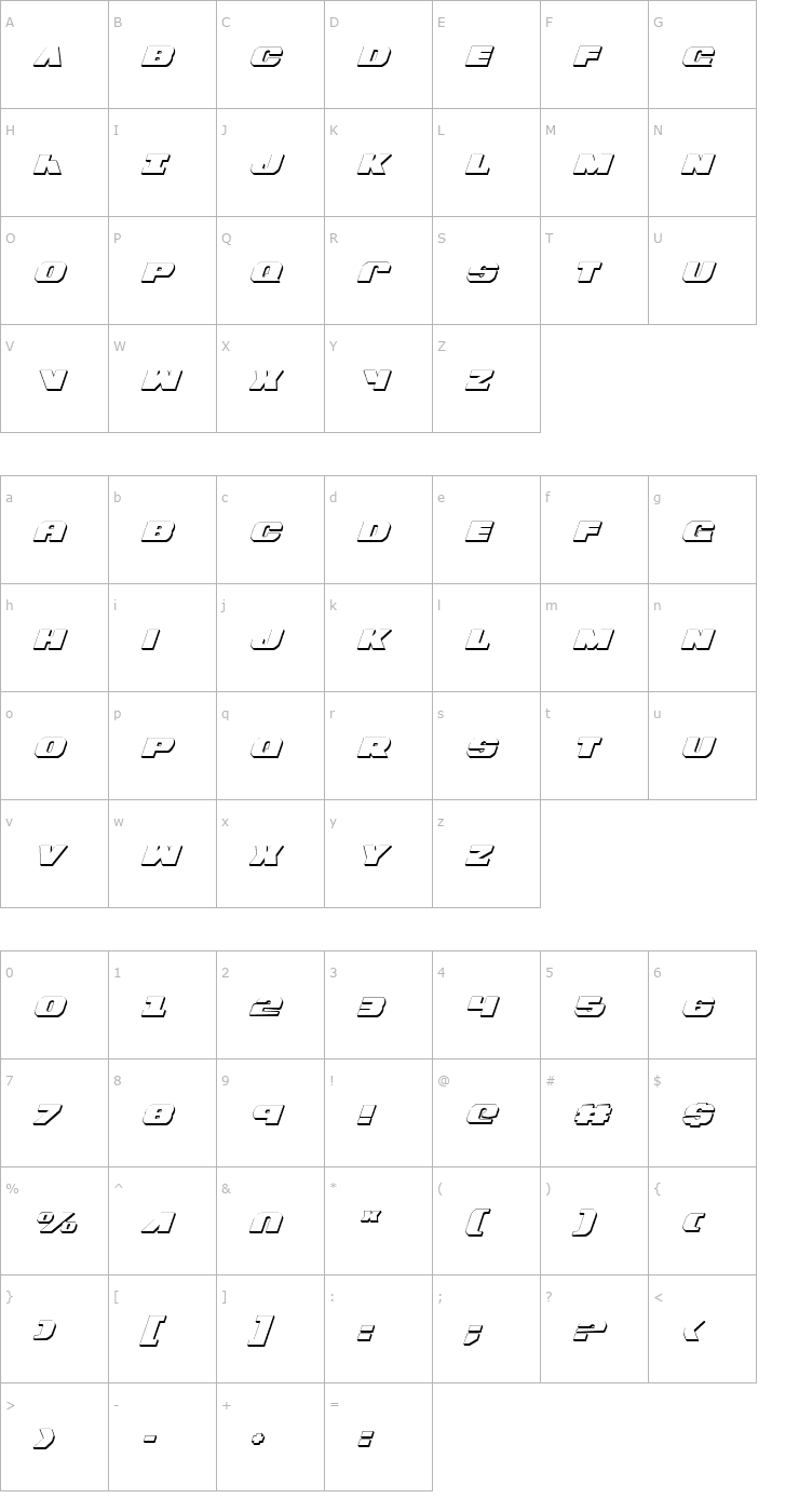 Character Map Bummer 3D Italic Font