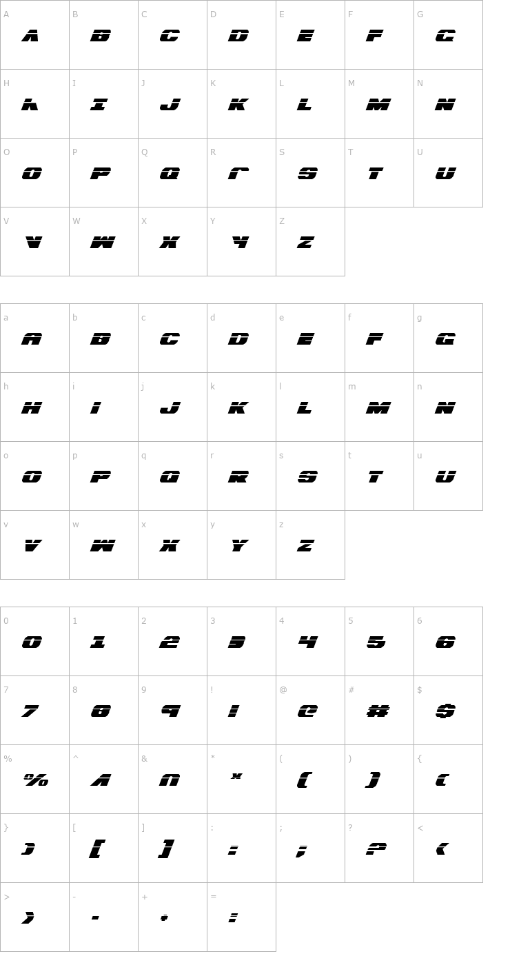 Character Map Bummer Laser Italic Font