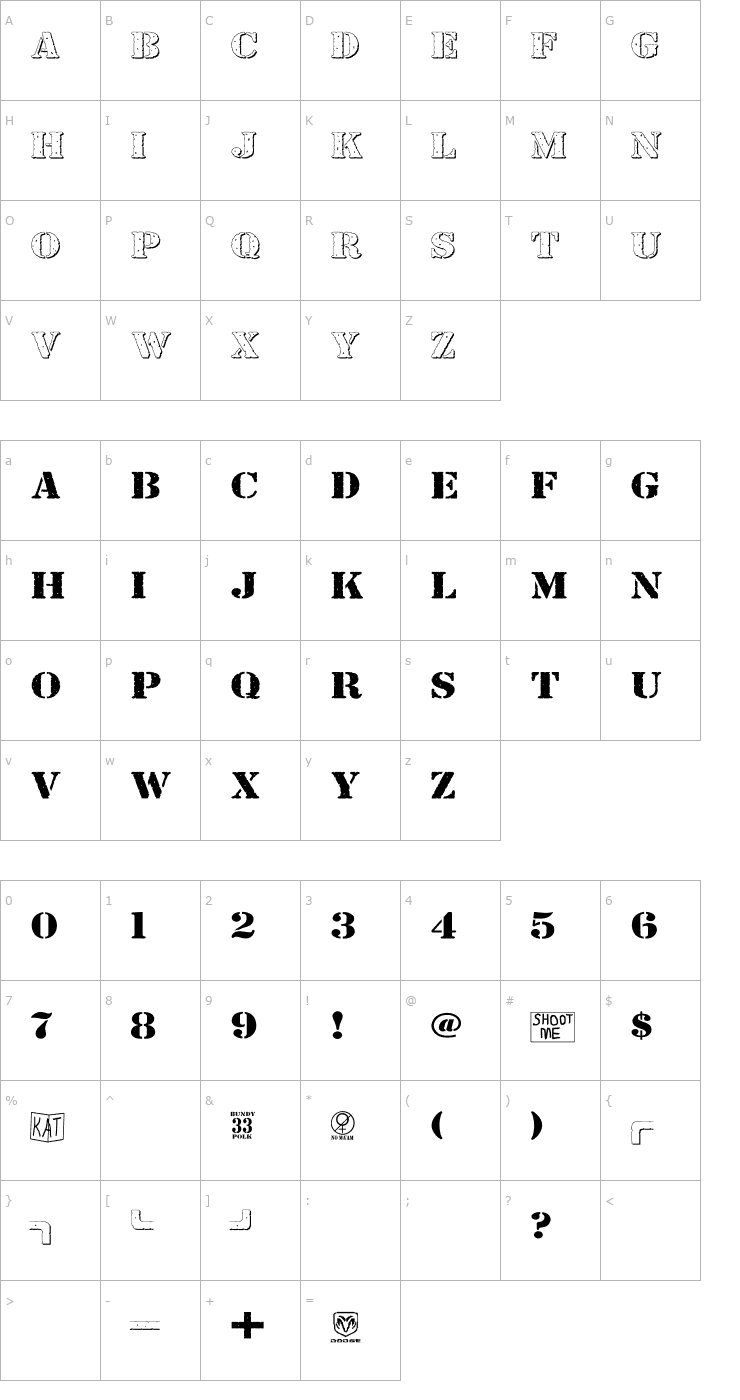 Character Map Bundy Yellow HollowShadowed Font