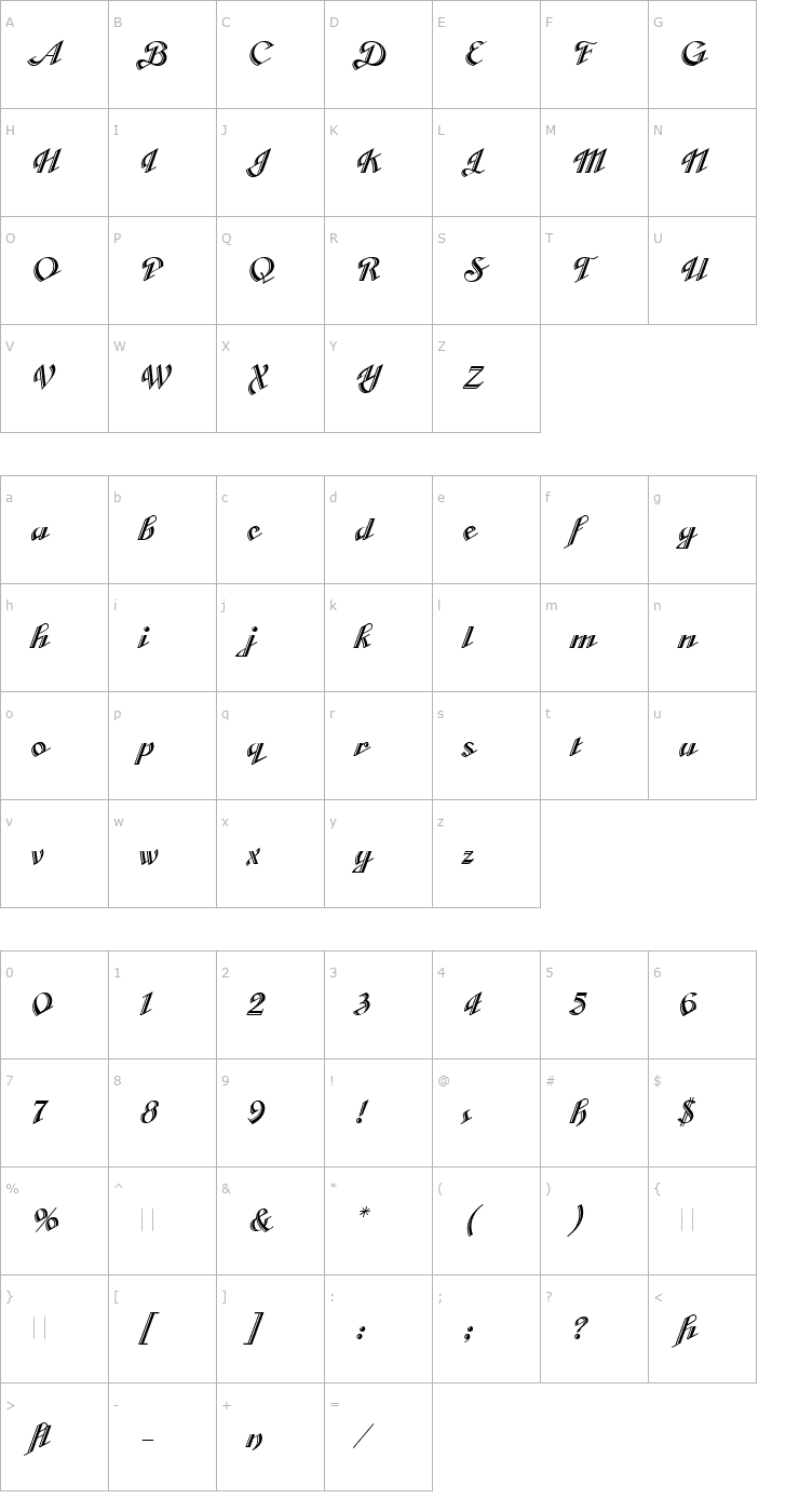 Character Map Cabarga Cursiva LET Plain1.0 Font