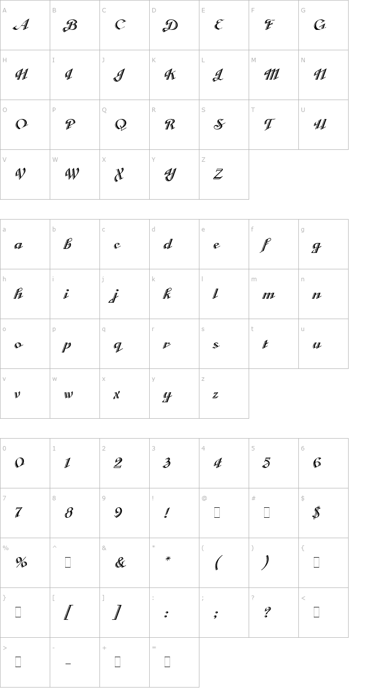 Character Map Cabarga Cursiva Plain Font
