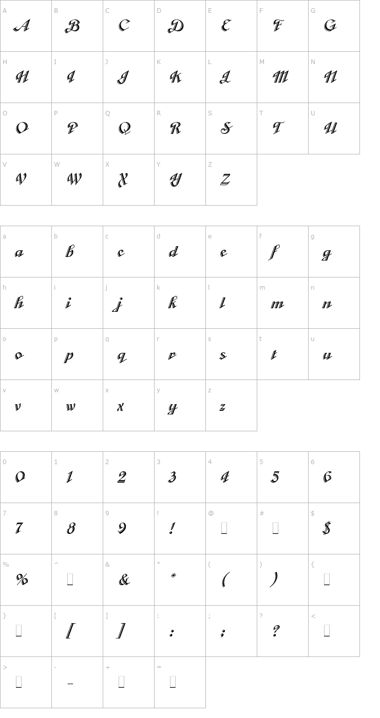 Character Map Cabarga CursivaLET Font