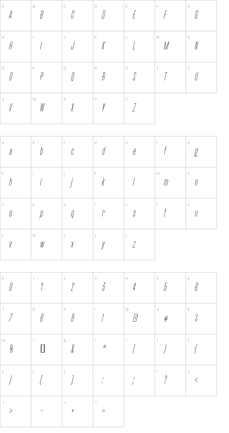 Character Map CactusLight Italic Font