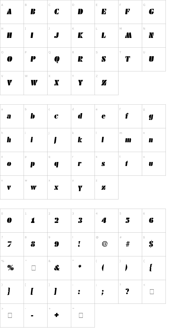 Character Map Cado Display SSi Italic Font