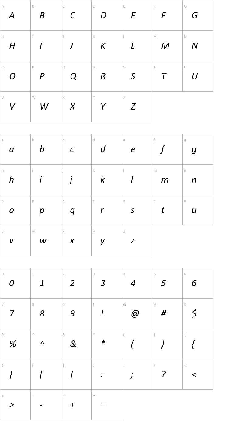 Character Map Calibri Italic Font