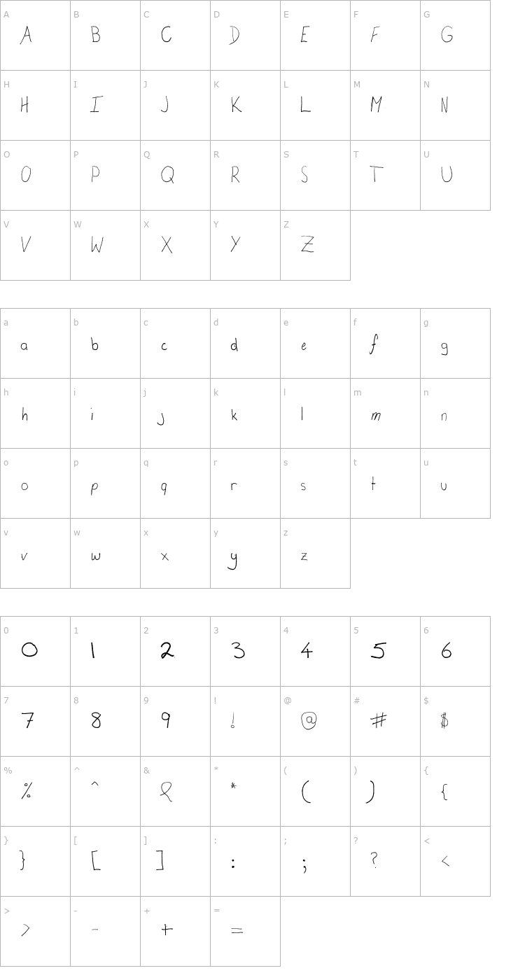 Character Map Calis in Puppetland Font