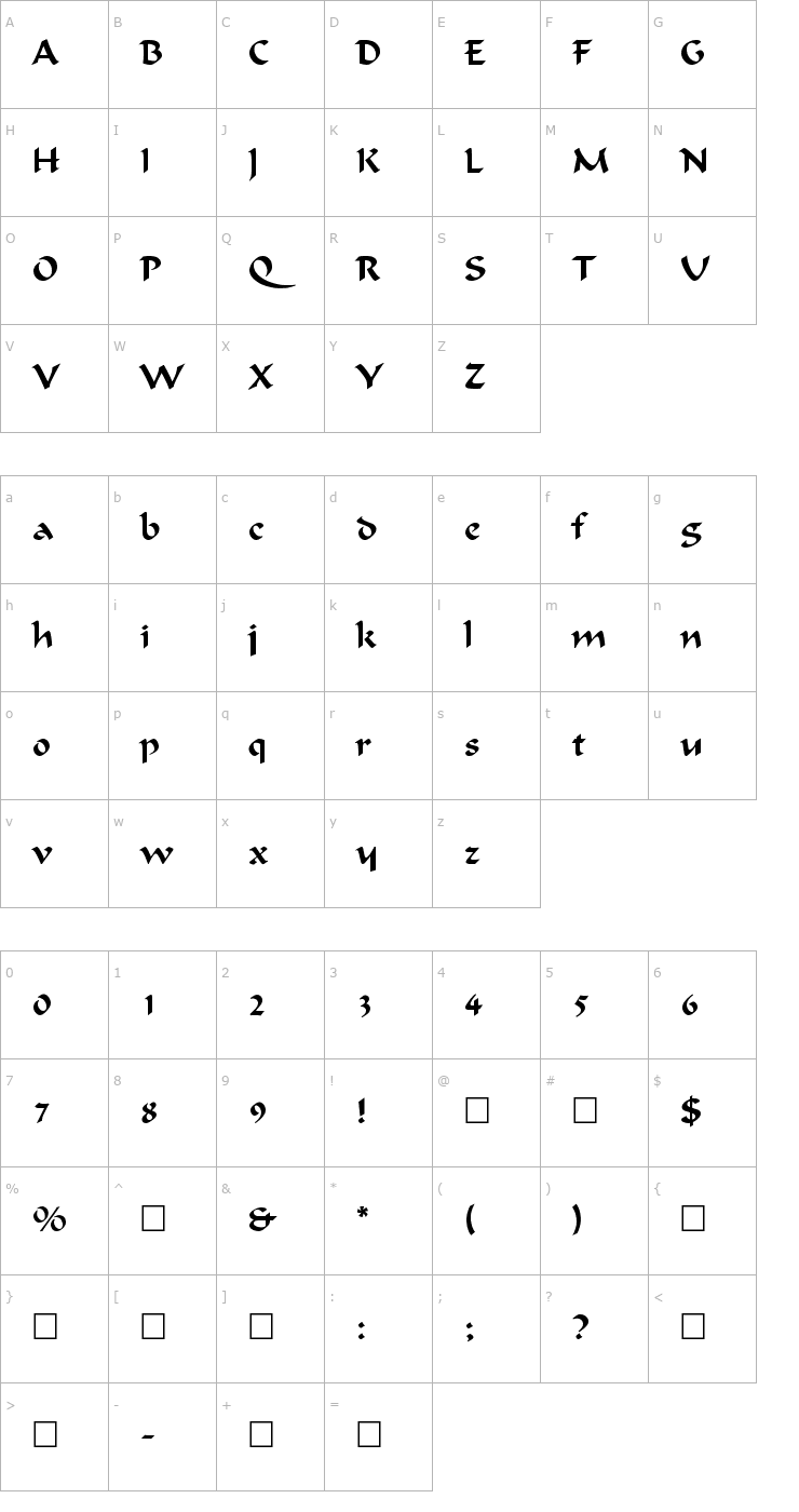 Character Map Calligraphic Regular Font