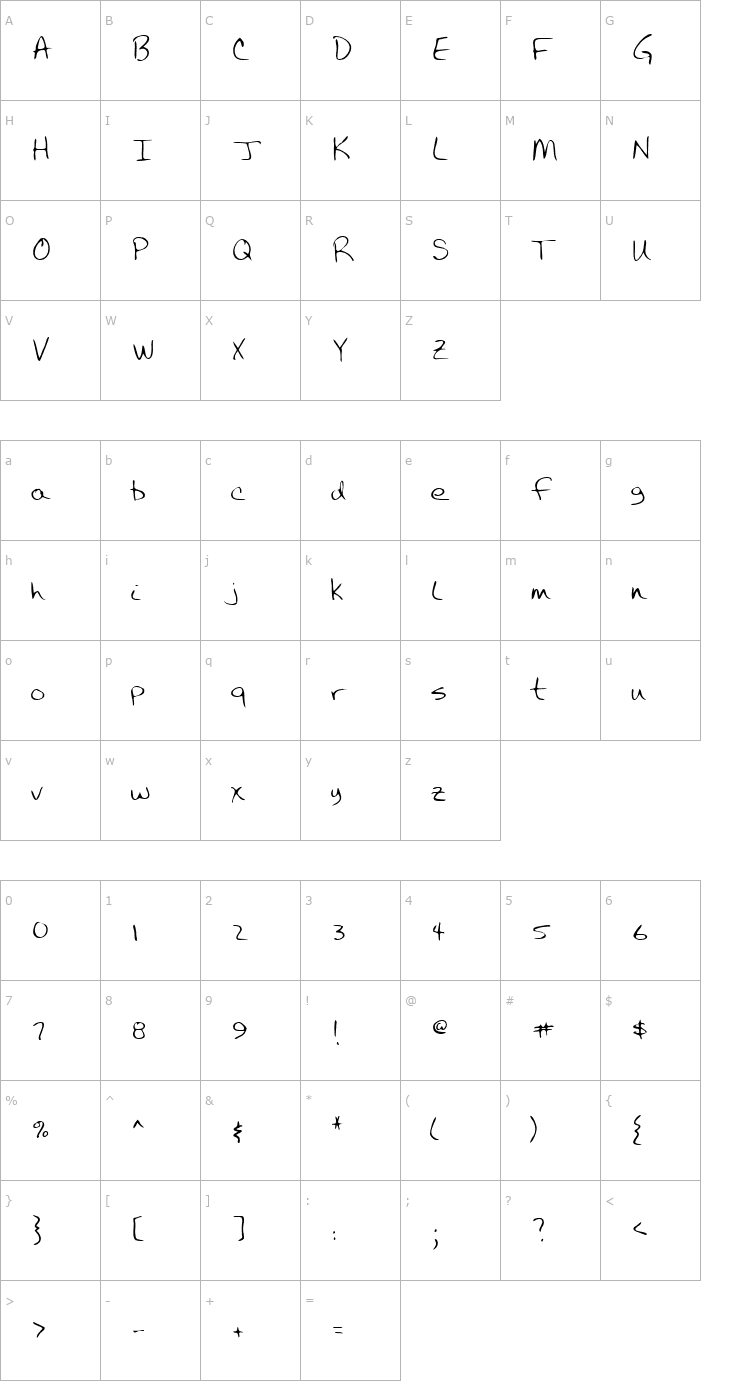 Character Map CalvinsHand Regular Font
