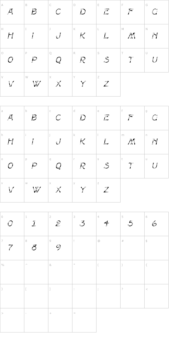 Character Map CammyCapsDisplay Italic Font