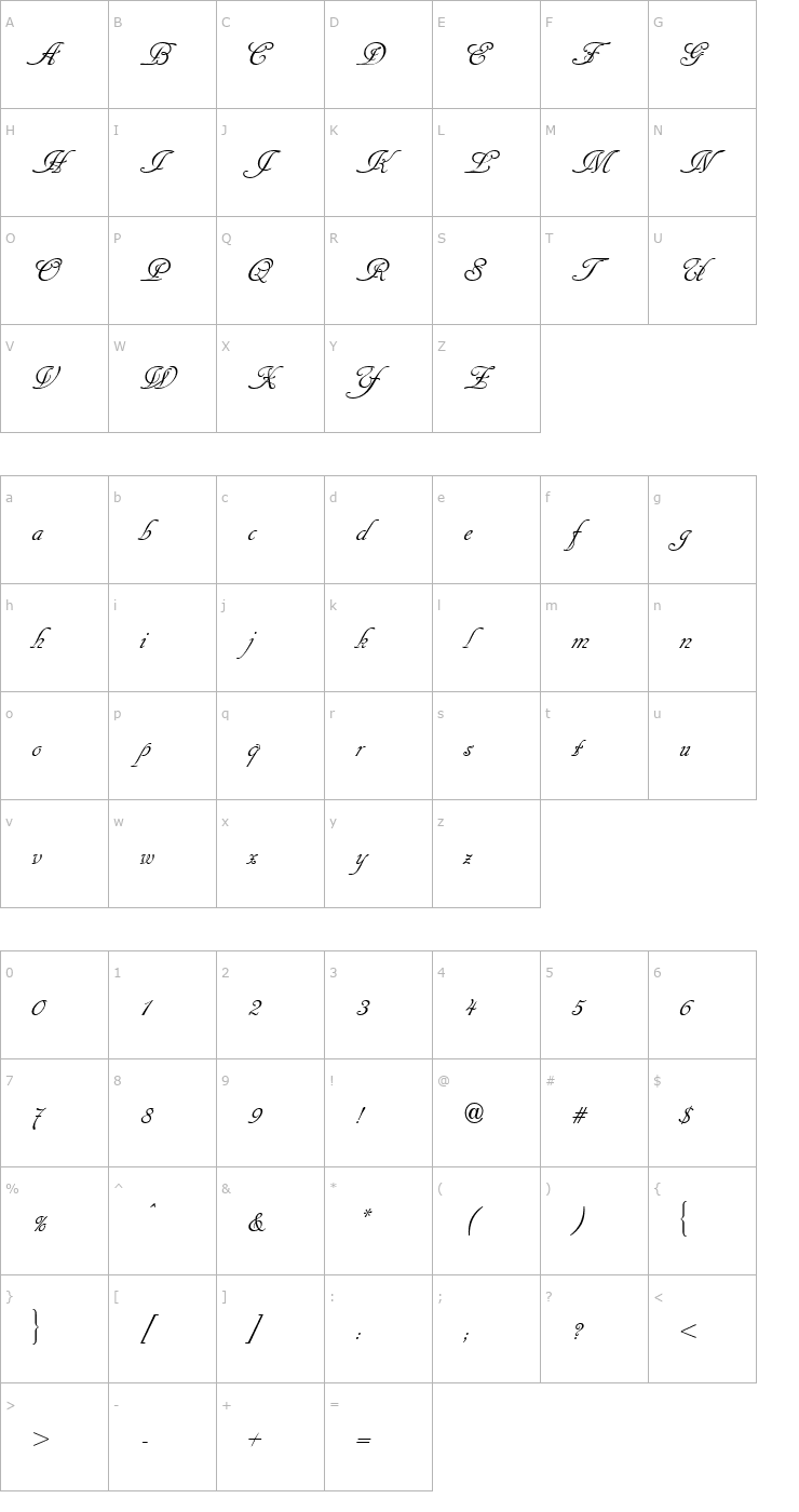Character Map Cancellaresca Script Normal Font