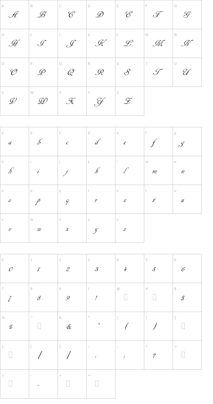 Character Map CancellarescaScriptPlain OTF Font