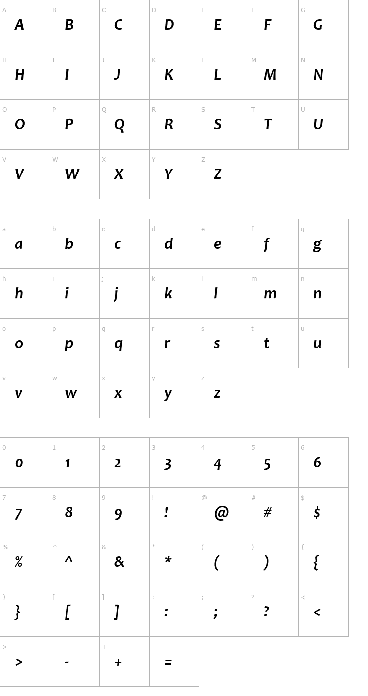 Character Map Candara Bold Italic Font