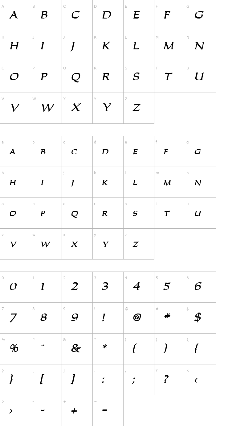 Character Map Carla Bold Italic Font